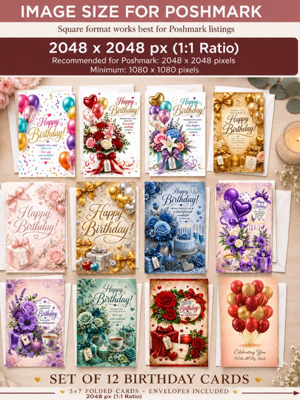 Set of 12 Birthday Greeting Cards 5x7 – Assorted Designs – Envelopes Included